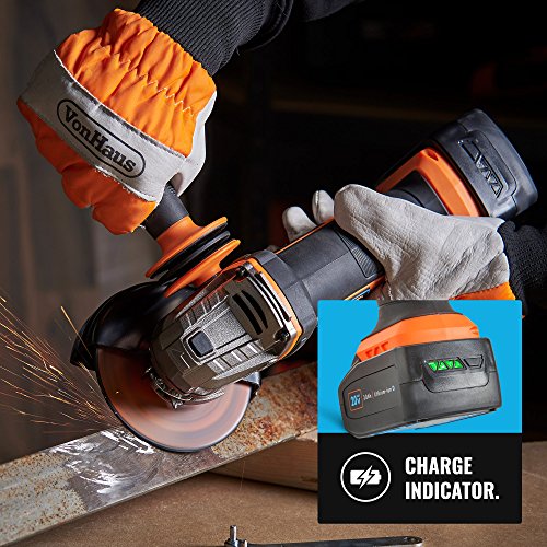 VonHaus Cordless Angle Grinder with 3.0Ah Li-ion 20V MAX Battery, Charger, 1 x 115mm / 4 ½” Cutting Disc & Power Tool Bag – Includes Anti Vibration Support Handle VonHaus Cordless Angle Grinder with 3.0Ah Li-ion 20V MAX Battery, Charger, 1 x 115mm / 4 ½” Cutting Disc & Power Tool Bag – Includes Anti Vibration Support Handle